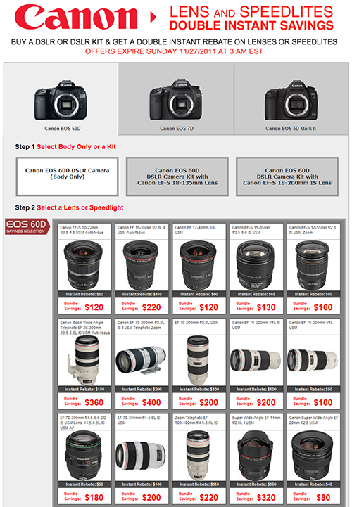 Black Friday Canon dslr camera 60D 7D 5D speedlite flash lens rebate sale
